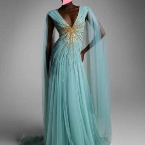 Fortunate Evening Elegant Vintage Sweet Sexy Green Gold Beading V-Neck Ruffle Formal Occasion Prom Dress Evening Party Gowns