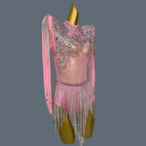 Sparkly Rhinestones Fringes Bodysuit Sexy Pink Mesh Dancer Birthday Evening Party Performance Stage Suit Wear Bolihuanghou