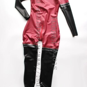 Women’s latex Zentai long sleeve late catsuit with socks in metallic rose with black and dark gray trims decorations