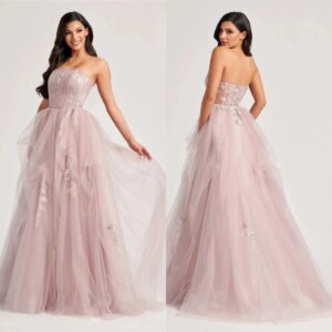 Dusty Pink Prom Dresses Elegant Strapless SleevelessEvening Gowns Tiered Ceremony Lace Appliqued Customized Party Gowns