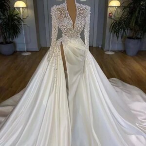 Gorgeous Pearls Mermaid Wedding Dress Long Train Satin V Neck Crystal Beaded Full Sleeves Bridal Gowns For African Dubai Women