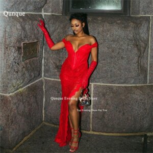 Qunque Customized Evening Dresses Lace Off Shoulder Robe Africaine De Soirée Chic Et élégante High Leg Slit Mermaid Party Gowns