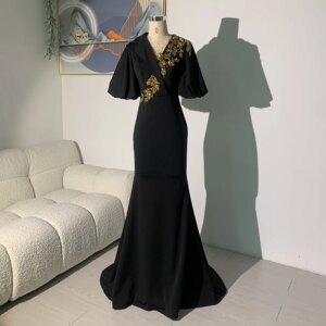 Elegant Evening Dress Puff Sleeve for Prom Hoco Embroidery Beading Party Dresses with Train فساتين سهرة H1037-1