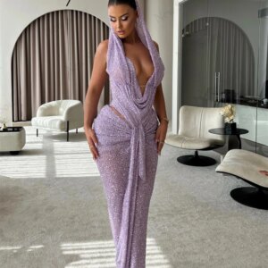 Aso Ebi Lilac Sequins Evening Dresses Robes De Soiree V Neck Mermaid Celebrity Prom Dress Party Second Reception Birthday Dress