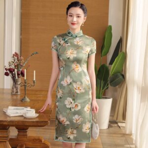 Cheongsam Qipao Women’s Dress Summer Catwalk Improved Green Printing Stand Collar Chinese Style High Quality Real Silk