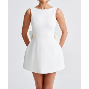 White O Neck Sleeveless Mini Prom Dress Homecoming Party Gown Backless Big Bow Pearls Decoration Unique Design