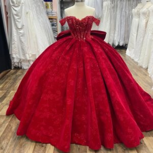 Red Sweetheart Quinceanera Dresses Off The Shoulder Applique Bow Beading Crystal Tulle Vestidos De 15 Anos Sweet 16 Dress