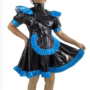 Sissy Turtleneck PVC Shiny Maid Dress Glossy PU Leather Short Puff Sleeve Lolita Dress Crossdressing Uniform Apron Maid Outfit