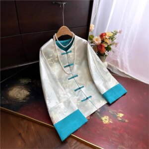 New Chinese brocade coat female style color contrast temperament loose and thin shirt