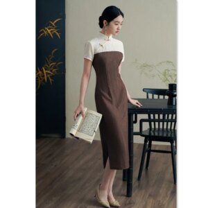 Fashion Improvement New Chinese Style Jacquard Stitching Cheongsam Qi Pao Spring and Summer Girl