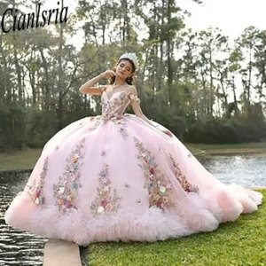 Pink Off The Shoulder Pleat Quinceanera Dresses Ball Gown 3D Floral Lace Sweet 15 Años Mexican Customized
