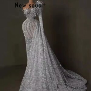 Silver Mermaid Evening Dresses One Shoulder Long Sleeve Sequins Crystal Long Train Bridal Formal Customized Vestido De Novia