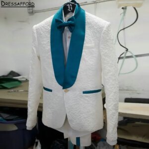 White Jacquard Men Suits For Wedding Groom Tuxedos 2 Pieces Jacket Pants Prom Blazers Customized