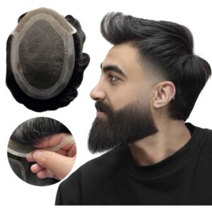 Indian Virgin Human Hair Replacement #1b Black OCT Toupee 7×9 Front Lace with PU Unit for White Men