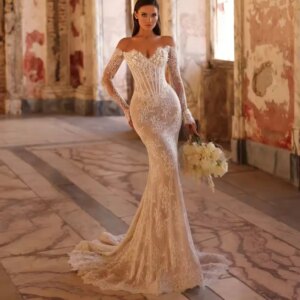 Shiny Pearls 3D Flower Lace Mermaid Wedding Dress V-neck Off Shoulder Bridal Gown Customized Dreamy Mermaid Dresses For Bride