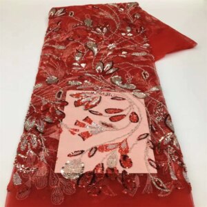 Latest French Tulle Beaded Sequin Lace Fabric 5 Yards 2024 High Quality Nigerian African Lace Fabric For Wedding Party Dress