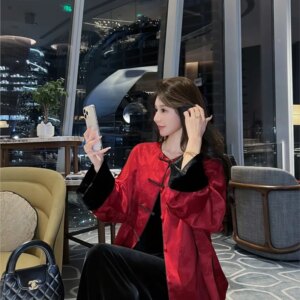Red new Chinese coat national style women acetic acid button fashion blouse