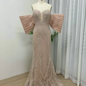 MYMB Pink Exclusive Strapless Mermaid Evening Dress for Women Party Arabic Luxury Beading Lace Bow Wedding Guest Gowns MB40147