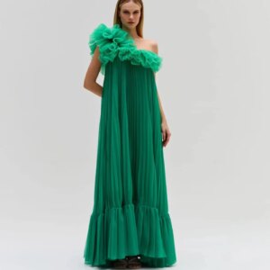 2025 Women Dresses One Shoulder Ruffles Trimmed Tulle A-line Female Maxi Gowns New Couture Pleated Green Chiffon Long