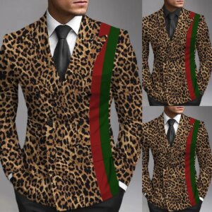 Men Suit Prom Party Tuxedos Leopard Red Green Color Matching Peaked Lapel Double Breasted 2 pcs Blazer Pant Custom Made