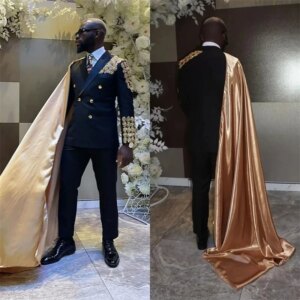 Cape 2 Pieces Men Suits Set Wedding Tuxedo Appliqued Blazer+Pants Custom Made Fashion Prom Dress Black Party Coat Jacket