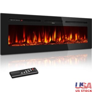 60 Inch Electric Fireplace Wall Mounted In-Wall Recessed Ultra-Thin Heater 7501500W Realistic Flame Quiet Operation Child Lock