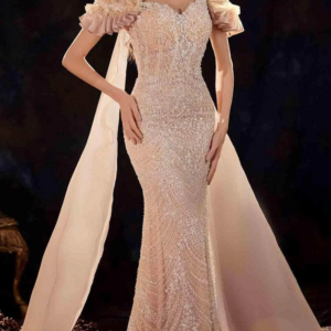 TIANTIAN Customized Sexy Off Shoulder Pleated Short Sleeves Cape Attachments Fully Beaded Formal Evening Prom Dress فساتين سهرة