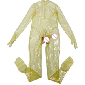 Men Transparent latex catsuit with toes gloves neck entry hidden two sheath 0.4mm