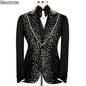 Black Sparkly Diamonds Beading Men Business Formal Occasion Tuxedos Grooms Wedding Party Prom Male Suit 2 Piece Set Blazer Pants