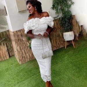 Straight Lace Prom Dress Tea-Length Ruffled Off Shoulder Ivory Special occasion Dress For Ladies Customized Wedding Guest Gown