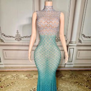ROSEINTHEBOX Customized Crystal Sexy High Neck Sleeveless Sheath Zipper Floor Length Luxury Girl Celebrity Dress Birthday Gown