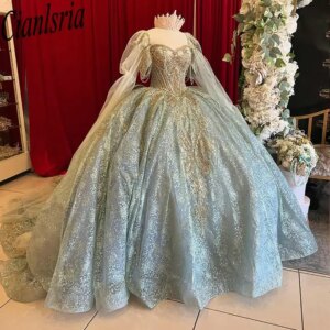 Mint Green Beading Tassel Ruffles Ribbons Quinceanera Dresses Ball Gown Gold Appliques Lace Sweet 15 Años Mexican Customized