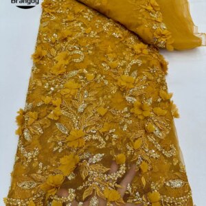 Brangdy African 3D Flowers Sequins Fabric 2025 High Quality French Embroidery Beads Tulle Lace Fabric For Women Wedding Dresses