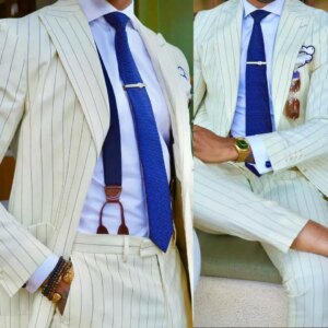 Fashion Pinstripe Wedding Tuxedos 2 Piece Set Jacket Pants Peaked Lapel Men Suit Classic Fit Groom Wear Party Suits Customized