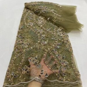 Latest Luxury French Sequins Lace Fabric Tube Beads African Nigerian Embroidered Tulle Lace Fabric For Wedding Dress Meters Sew