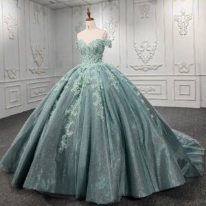 Mint Green Puffy Skirt Princess Quinceanera Dresses Off shoulder 3D Floral Gillter Lace-up Corset Charro vestido xv años mexican
