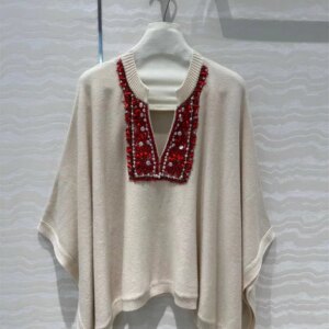 Women’s Luxury Beaded Front V-neck Loose Cape Top Female Cashmere Wool Blended Knitted Pullover Sweater