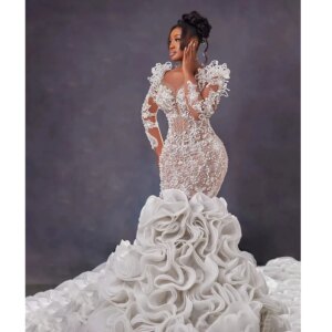 Ruffles White Evening Dresses Exquisite Beading Crystal Lace Mermaid Formal Occasion Long Sleeve Sweetheart Chapel Train Dress