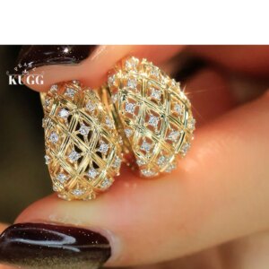 KUGG 100% 18K White/Yellow Gold Earrings Elegant Lady Style Real Natural Diamond Hoop Earrings for Women High Party Jewelry