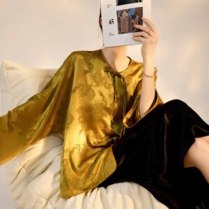 National style new Chinese old money wind heavy industry dragon acetic acid coat light luxury blouse