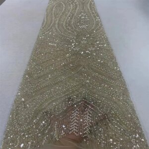 African Beaded French Lace Fabric For Wedding Dress 2024 High Quality Sequin Tulle Mesh Sewing Material Handmade beaded zx