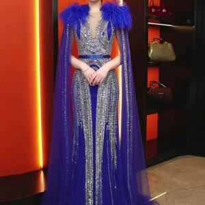 Elegant Beaded Gown with Flowy Sleeves and Feathered Shoulders – Handcrafted Luxury Custom Size