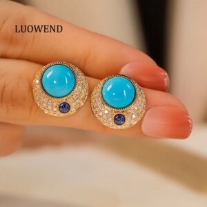 LUOWEND 100% 18K Yellow Gold Earrings Luxury Style Shiny Diamond Natural Turquoise Stud Earrings for Women Senior Banquet