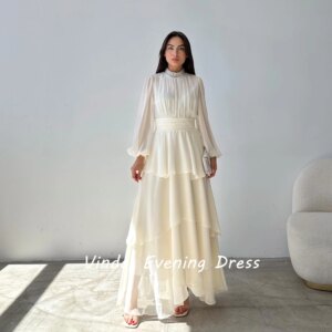 Vindal Evening dresses Chiffon Floor Length O-Neck Ruffle luxurious A-Line Beaded Elegant Long Sleeves السعود For Woman 2025