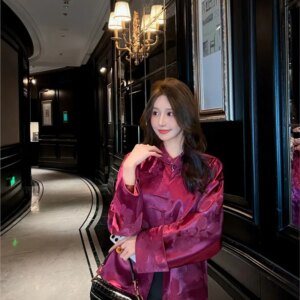 New Chinese style acetic acid short coat feminine jacquard button top