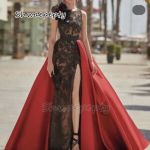 Side Slit Black Lace Long Prom Dress With Detachable Train Sleeveless O-Neck Vintage Evening Gown For Ladies 2025 Customized
