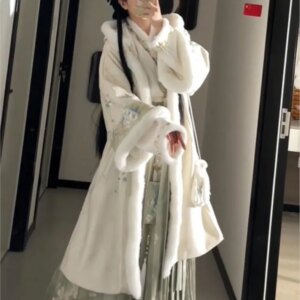 New ROBE TO SUIT HANFU WOMEN ‘S front-opening HOOded PLUS fleECE long Cross-collar pleated skirt style