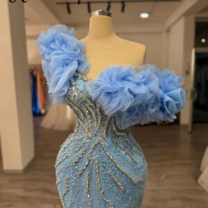 Luxuries Blue Ruffles Prom Dresses Off Shoulder Dubai Arabic Wedding Party Gowns Long Mermaid Occasion Dresses Customized Women