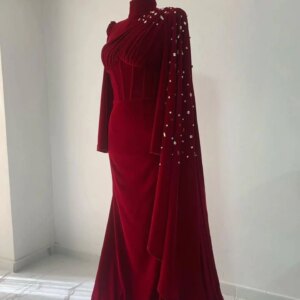 Customized Formal Jersey Crystal Evening Dresses Temperament Long Sleeves High Neckline Cocktail Dress Custom Made Pro