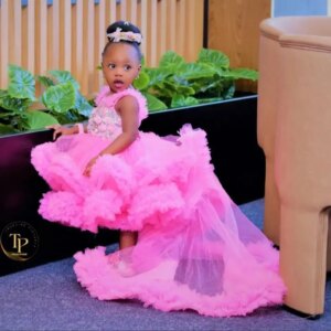 Pink Beaded Kids Birthday Party Dresses With Train Ruffles Flower Girl Dresses for Wedding Baby Girls Prom for Photoshoot